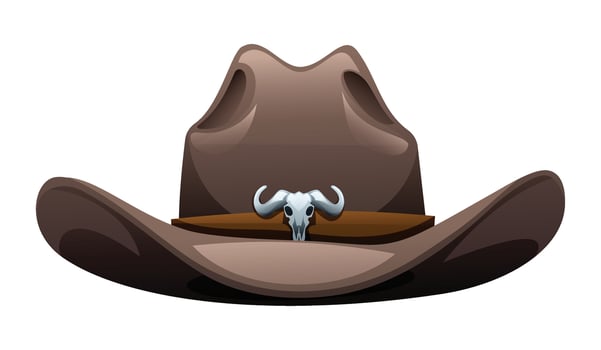 Cowboy hat with bull skull ornament, symbol of rugged western life. Cartoon illustration vector