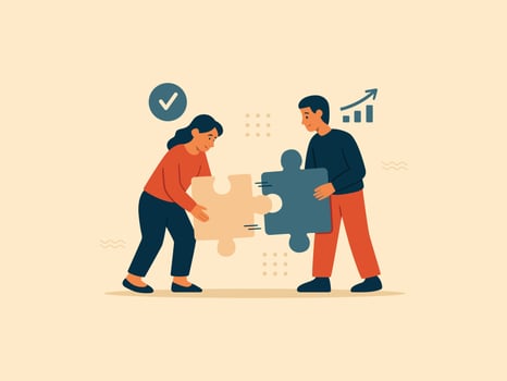 Business Puzzle Collaboration. Two professionals fitting large puzzle. vector