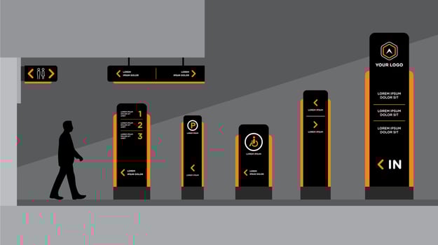 Exterior and interior signage blue graphic traffic signage system vector