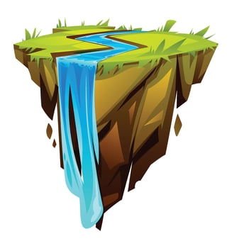Floating tropical island with waterfall and green grass. Cartoon illustration vector
