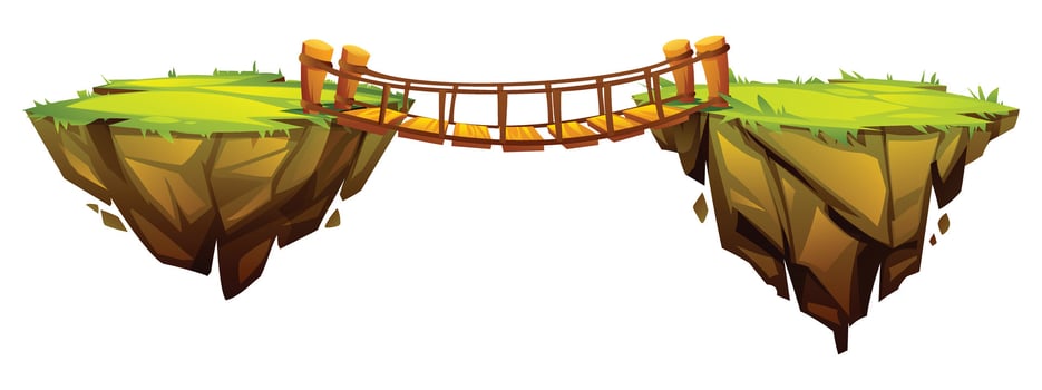 Two floating grassy islands connected by a wooden bridge in a fantasy world. Cartoon illustration vector