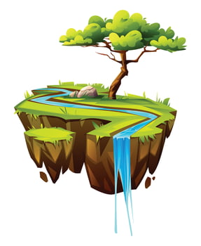 Grassy floating island with winding river and single tree. Cartoon illustration vector