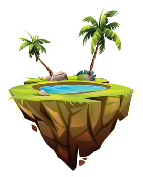 Floating island with palm trees and water pond. Cartoon illustration vector