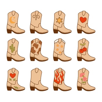 Western Cowboy Boots Icons with Fun Decorative Motifs vector