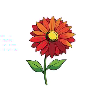 Stylized red orange flower with green stem and leaves vector