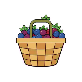 A Wicker Basket Filled with Fresh Blueberries and Leaves vector