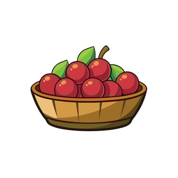 Cartoon style bowl filled with shiny red cherries vector