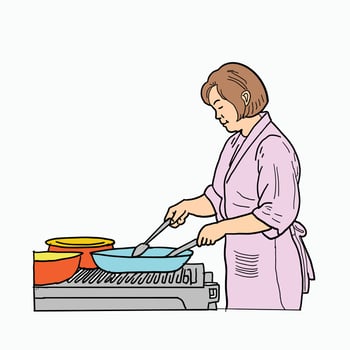 mother is cooking. wearing an apron and cooking in the kitchen. Cartoon Style Illustration vector