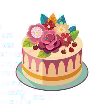 Delicious decorated cake adorned with flowers and cherries for celebrations and festive occasions vector