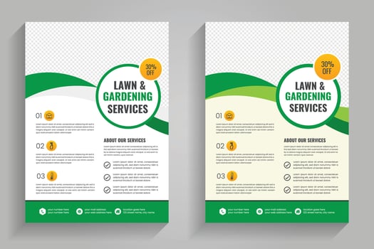 Lawn and gardening flyer, Lawn and gardening services advertisement showcasing discounts and offerings for home and garden maintenance vector