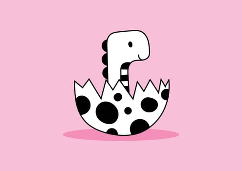 Black and white baby dinosaur in the cracked eggshell on a pink background. Doodle style. vector