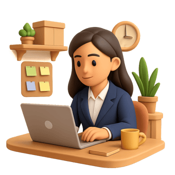 3D Businesswoman in Modern Workspace Using Laptop for Simple Tasks png