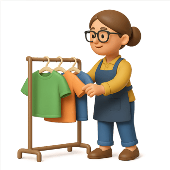 Cheerful Shopkeeper Arranging Clothes on a Display Rack png