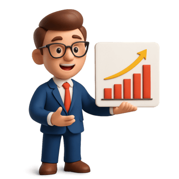 3D Business Presentation with Cartoon Character Showing Growth Chart png