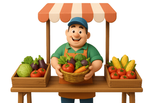 Cheerful Vegetable Vendor at a Colorful Market Stall png