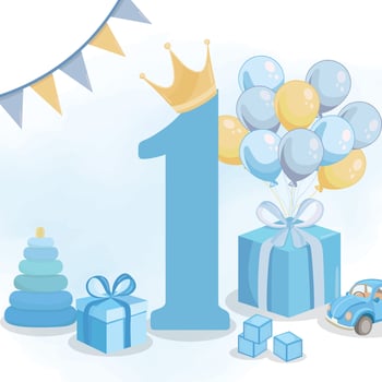 One year baby boy greeting card Cute blue illustrations Car toy presents balloons vector
