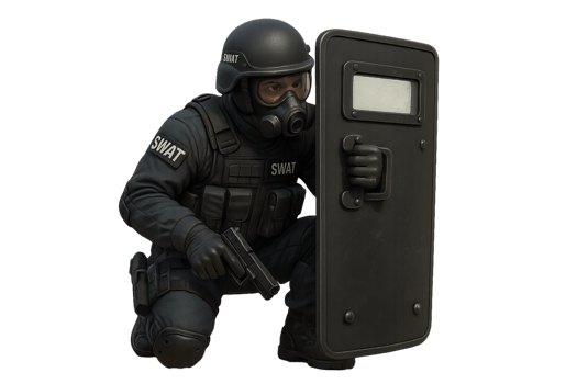 SWAT Officer in Tactical Gear Preparing for Action with Shield png