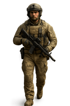 Armed Soldier in Combat Ready Stance with Military Gear png
