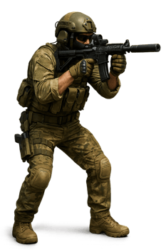 Tactical Soldier Aiming with Rifle in Combat Ready Stance png