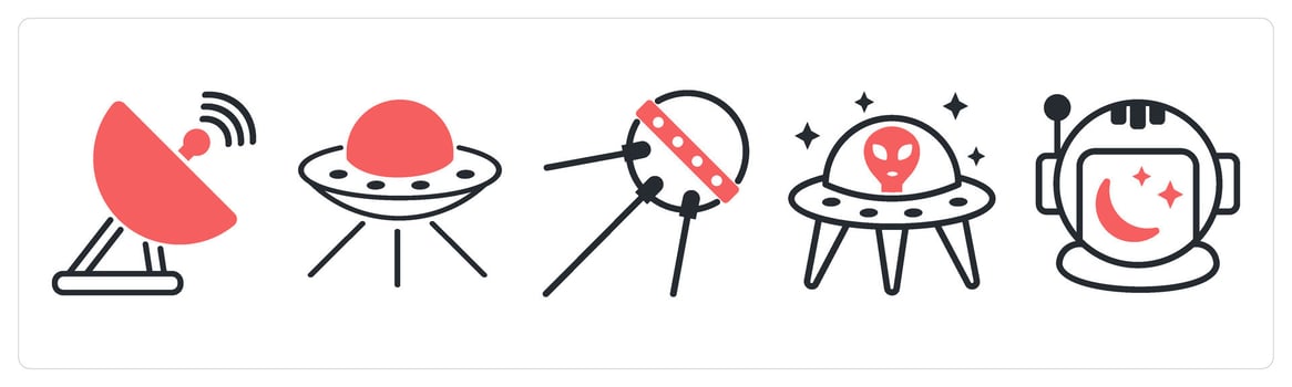 5 space icons as antenna, flying saucer, sputnik in red color vector