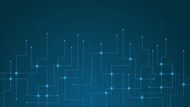 Futuristic blue tech background with abstract digital circuits and flowing binary code for modern technology designs vector