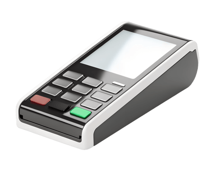 3D render style, credit card payment terminal with chip reader and digital screen, isolated png