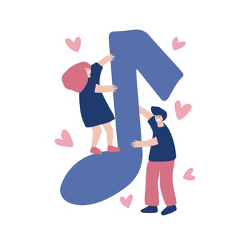 Flat hand drawn illustration. Boy and girl cartoon character holding note in hands on white background. Musical festival banner. Poster design. vector