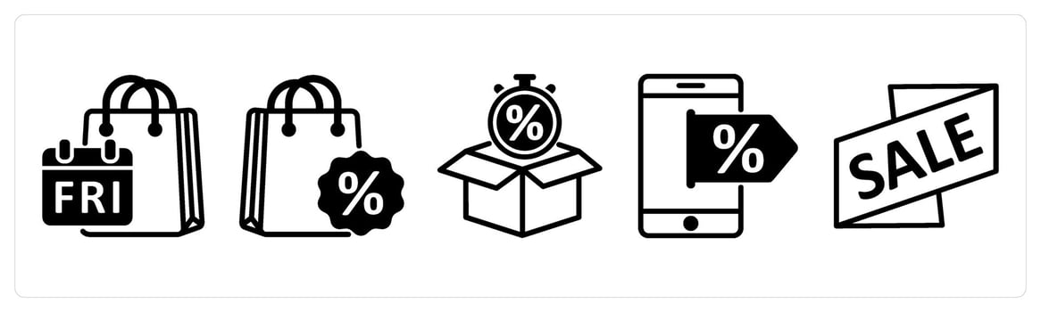 5 black friday icons as sale bag, discount bag, limited stock in black color vector