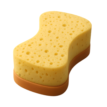 Isolated close up photograph of a new yellow cleaning sponge with a brown base png