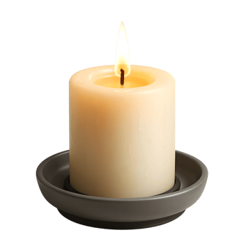 Lit pillar candle on ceramic stand with flame providing a warm cozy aesthetic png