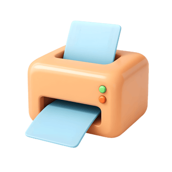 Modern cartoon style illustration of an orange printer with blue paper and buttons png