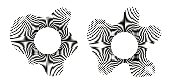 Set of circular wave. Sound circle lines. Radial frames. Sound ring. Wavy black pattern. Radial rays. Wavy design element. Equalizer logo, radial spectrum. Voice symbols. Depicting audio music icons. vector