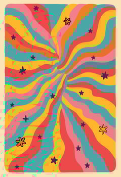 Colorful retro poster with wavy psychedelic stripes in yellow, red, pink, orange, and teal, decorated with scattered star shapes on a vintage background vector