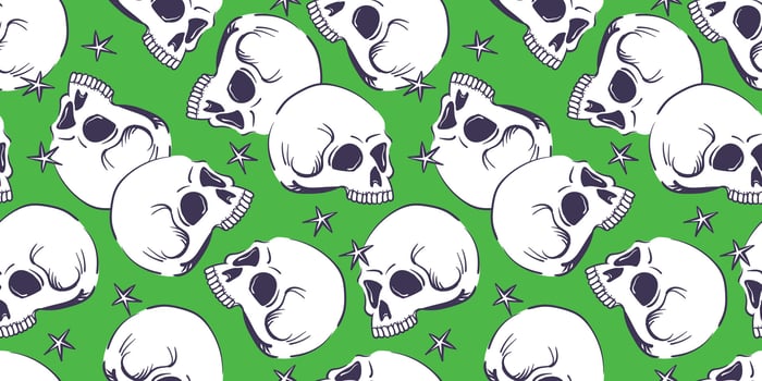 Seamless pattern with human skull. stylized craniums isolated on green background. Background with human bone for Halloween decor or product design in mystical style vector