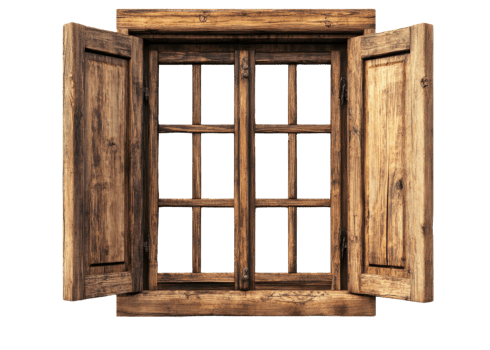 Rustic wooden window with shutters isolated on transparent background png