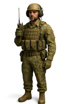 Soldier in Communication Gear Holding Radio in Field Setting png