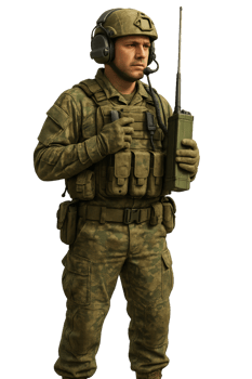 Soldier in Combat Gear Using Communication Device in Field Setting png