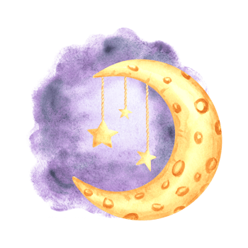 Yellow crescent moon in night cloud and stars watercolor isolated illustration for kids design. Cute hand drawn selestial luna. Decoration element for nursery or baby shower. Clipart of fairy dreams. png