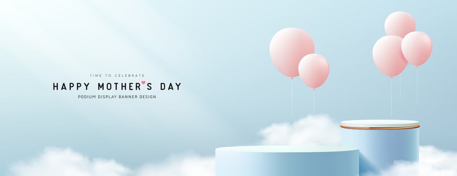 Happy mother's day light blue podium display, pink balloons banner design on cloud light blue background vector