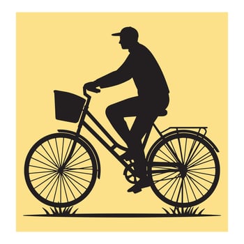 Silhouette illustration of a person cycling a vintage bicycle on a sunny day with basket vector