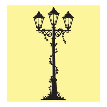 Elegant vintage streetlight silhouette with vines growing up on a yellow background graphic vector