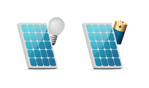 Solar panels powering light bulb and charging battery, depicting renewable energy concept vector