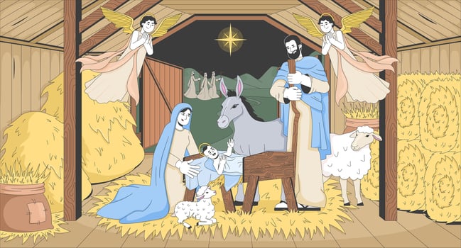 Jesus Christ birth Nativity 2D cartoon animation. Bible story. Stable with holy baby in manger, Mary, Joseph under Bethlehem star animated flat bible characters 4K background scene storytelling vector