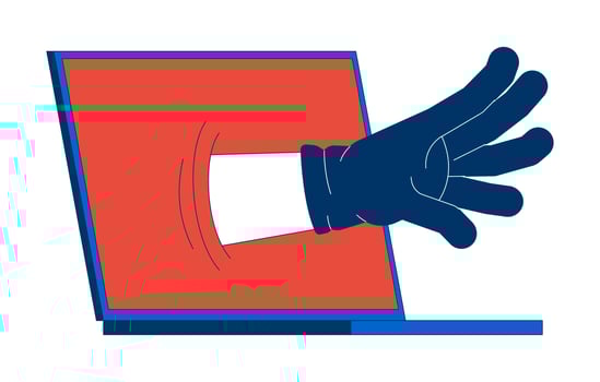 Cyber threat gloved hand reaching from laptop illustration. Hacking attempt. Online breach. Unauthorized access. Digital crime 2D cartoon image isolated on white. Editable flat clipart colorful vector