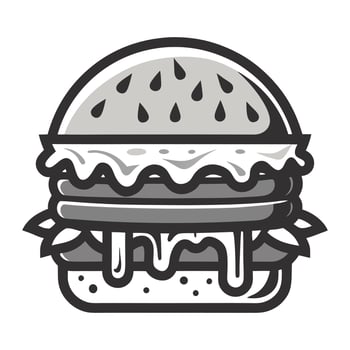 a black and white image of a hamburger with cheese and sauce vector