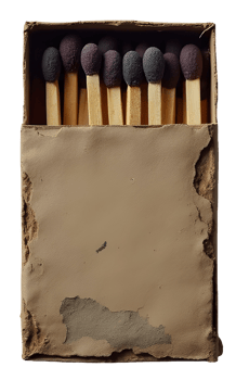 Worn matchbox with burnt matchsticks inside showing aged texture and vintage look png