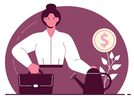 Businesswoman nurturing financial growth with investment strategy, watering money plant in a corporate setting, symbolizing wealth and prosperity. vector