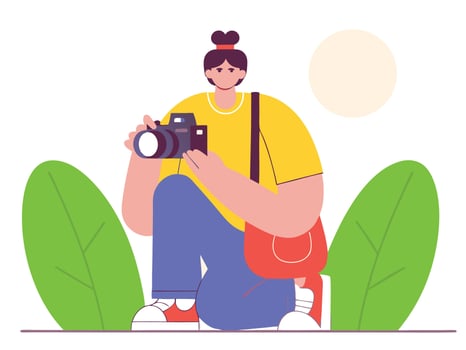 Photographer Capturing Nature Illustrated Woman with Camera Kneeling Amidst Green Foliage and Sunlight, Artistic Photography, Travel, Hobby vector