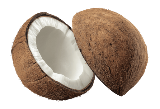 Halved coconut with exposed flesh image isolated transparent. Cocos nucifera drupe cut out . Exotic coco nut with brown husk. Tropical fruit cutout element object photography png