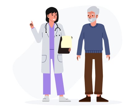 Elderly man talking to doctor - flat design illustration with cartoon characters. An elderly man talks to a female doctor, receiving a consultation. Medical care and consultation, treatment concept. vector